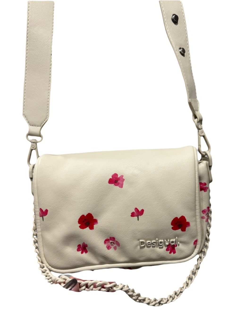 Desigual creamy white floral, puffy purse with adjustable shoulder strap